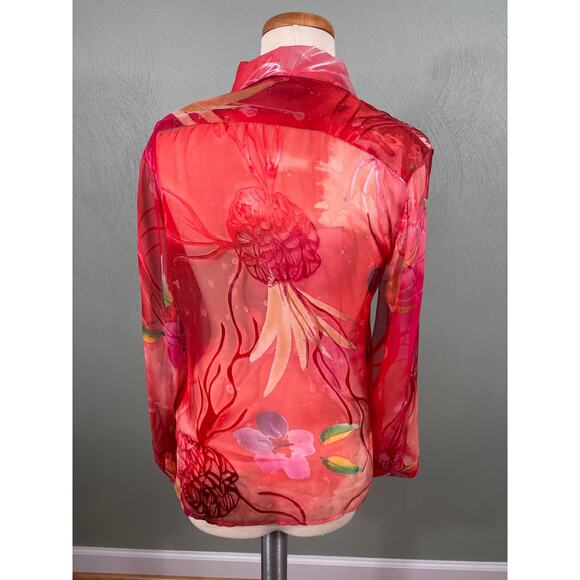 Chico's Women's Size 1 Medium Red Semi Sheer Silk Blend Long Sleeve Tops Blouse - Picture 11 of 11